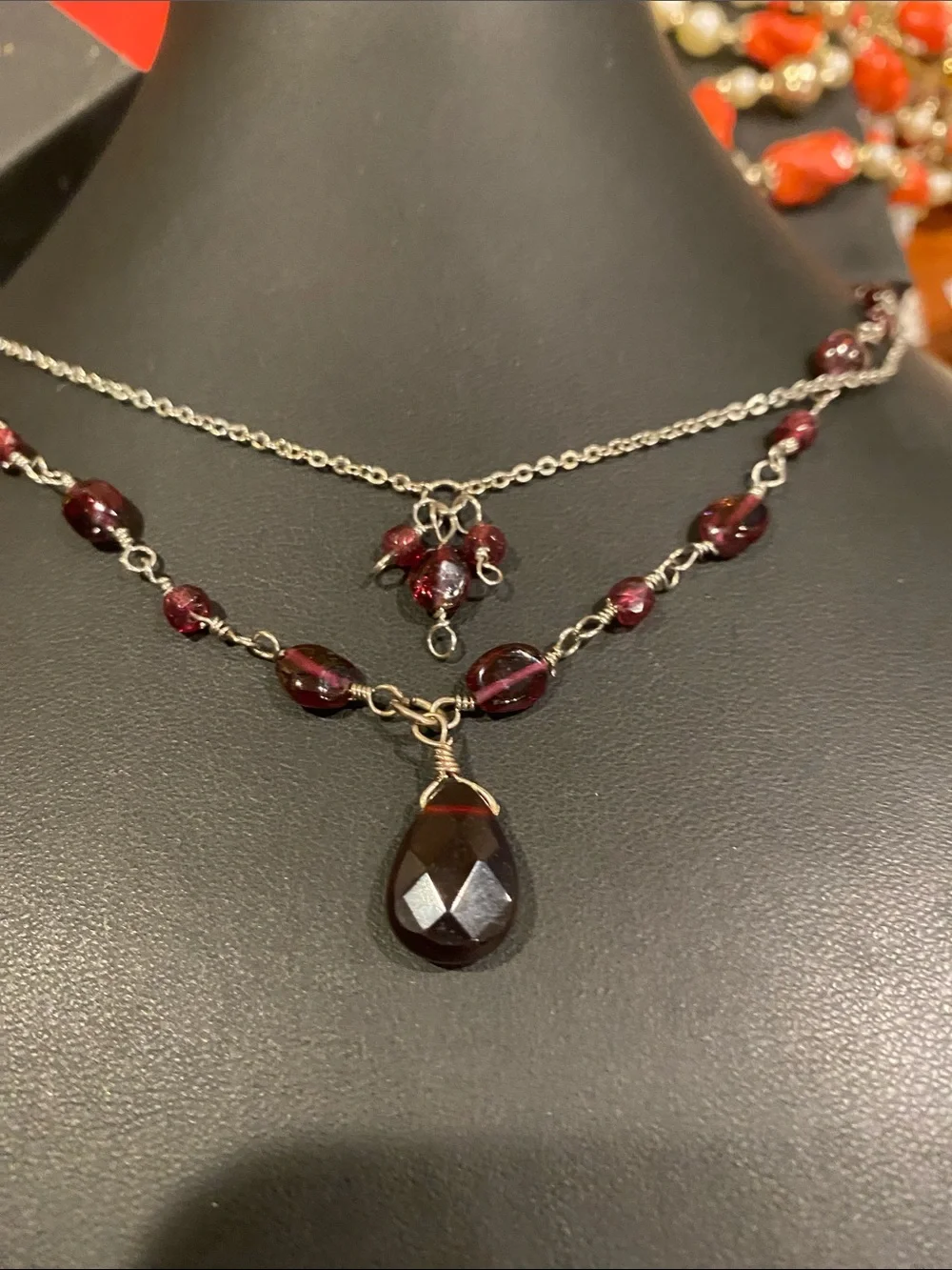 Multi-Strand Authentic (Garnet ) Red Beaded Pendant Necklace - Women Jewelry